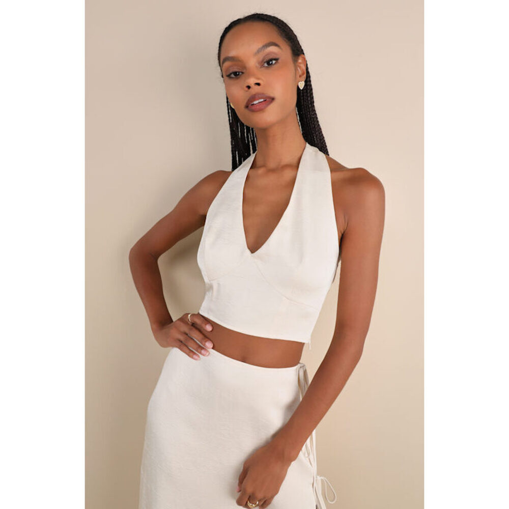Lulus Marvelously Sleek Champagne Satin Crinkled Halter Crop Top White - Size L